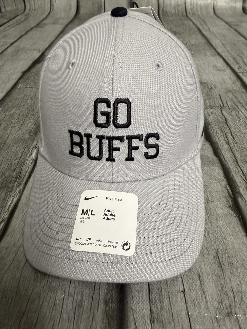 NWT Nike Colorado Buffaloes "Go Buffs" Dri-FIT Rise Cap Hat Sz M/L Lt Grey